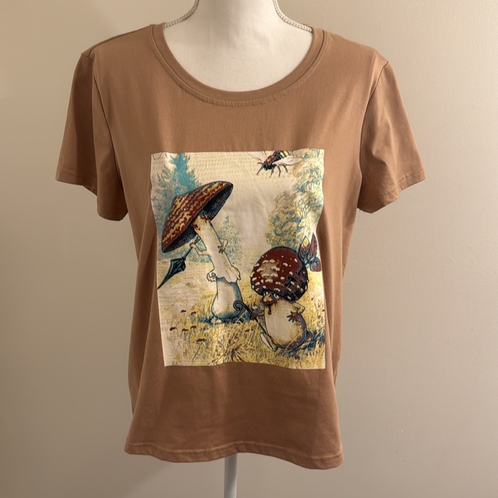 Shein Brown Mushroom Short Sleeve Top Shirt Graphic Women's Size Large T-shirt